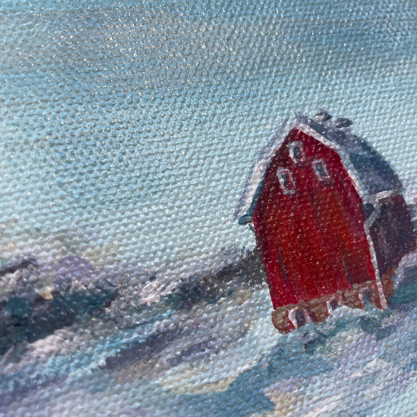 Red Barn. Snow mantel... Optimistic original acrylic abstract painting on canvas