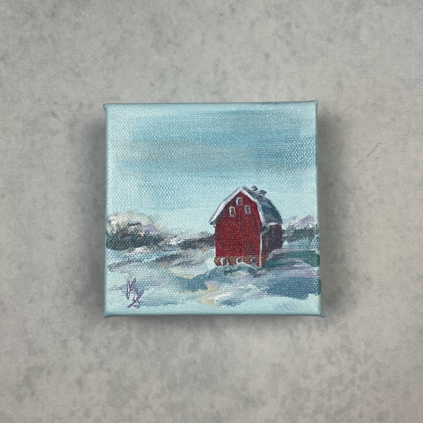 Red Barn. Snow mantel... Optimistic original acrylic abstract painting on canvas