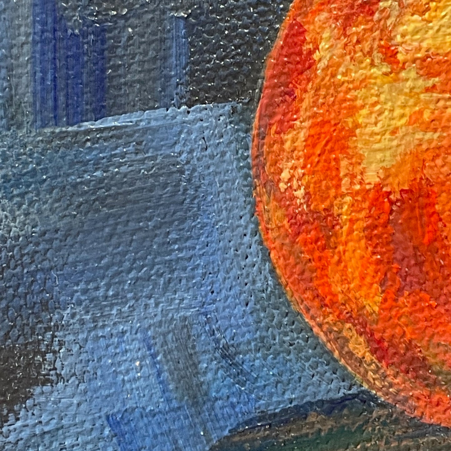 Orange. Indigo... Optimistic original small acrylic fruit painting on canvas