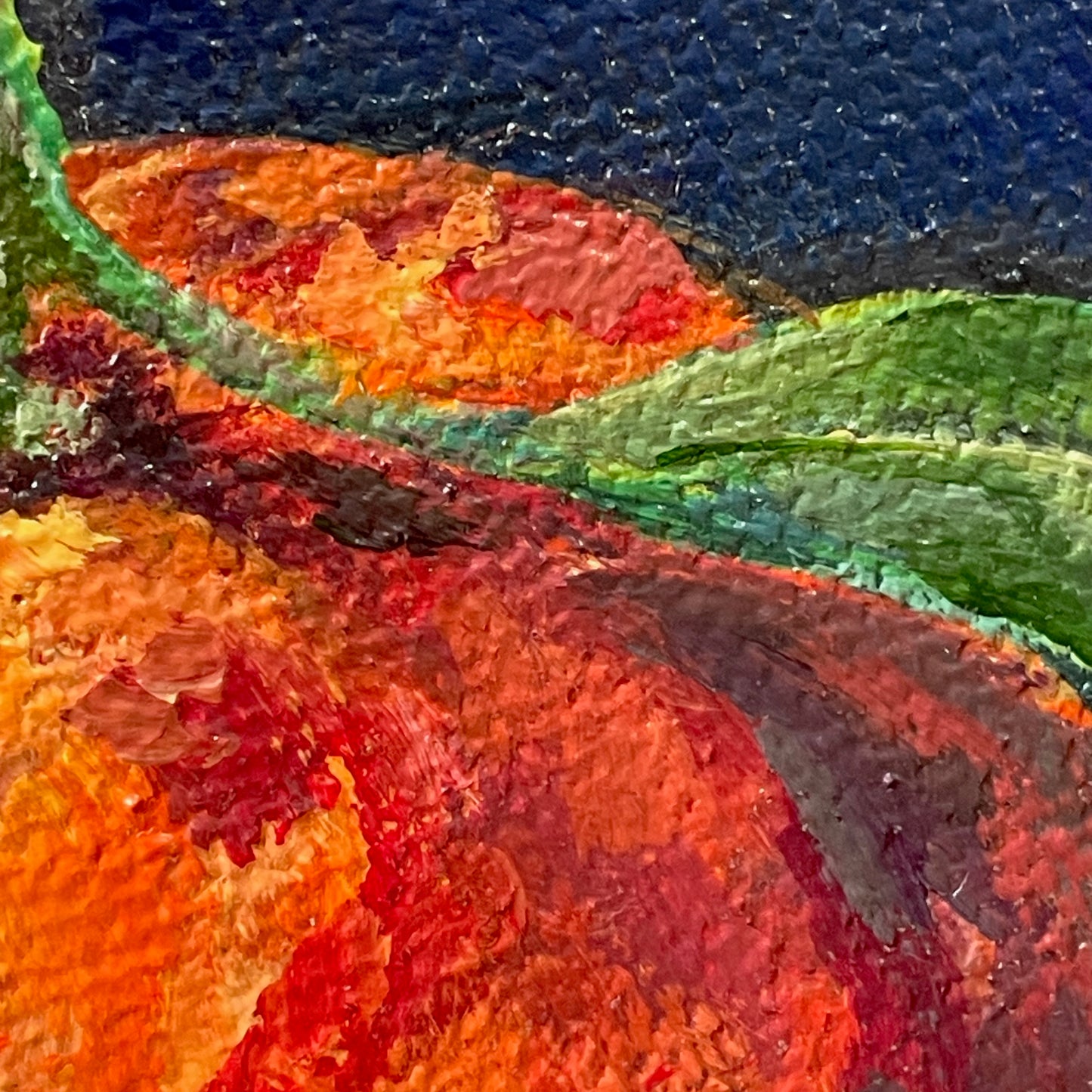 Orange. Indigo... Optimistic original small acrylic fruit painting on canvas