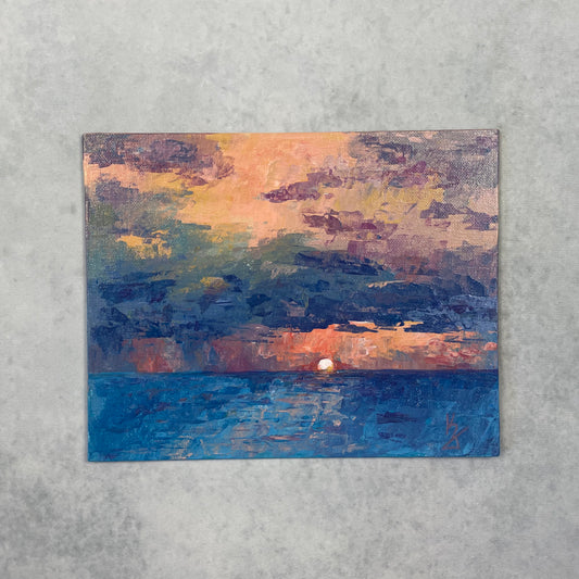 Shore sunset. Pinky orange... Optimistic original acrylic abstract landscape painting on canvas