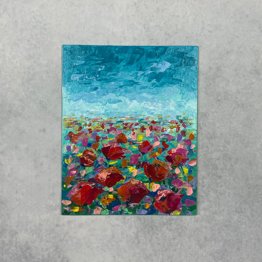 Flower wave. Poppies... Optimistic original acrylic abstract flowers landscape painting on canvas