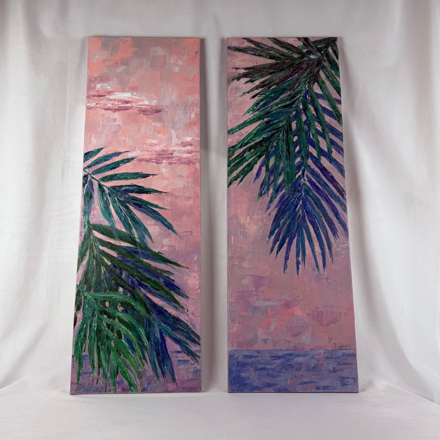 Mauve palm trees. Clouds and Mauve palm trees. Ocean... Set of 2 paintings