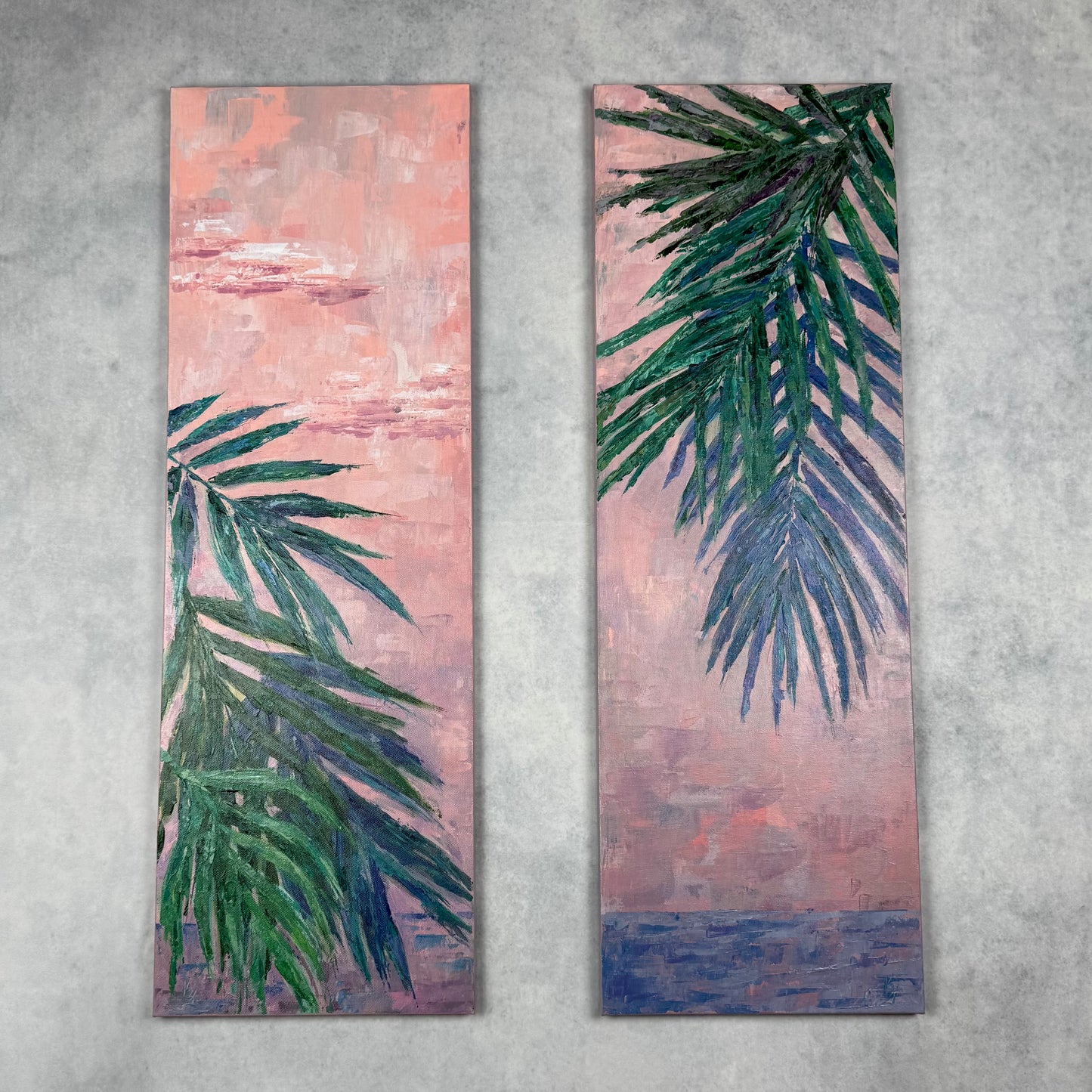 Mauve palm trees. Clouds and Mauve palm trees. Ocean... Set of 2 paintings