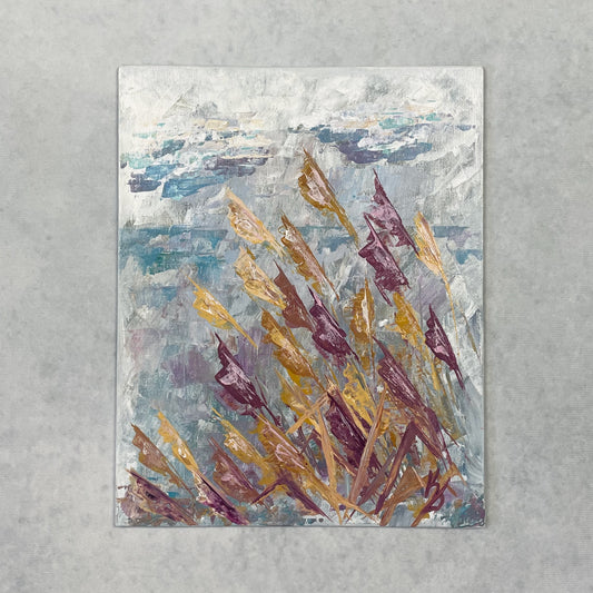 Cloudy lake. Grasses... Art, decor, optimistic original signed painting on canvas