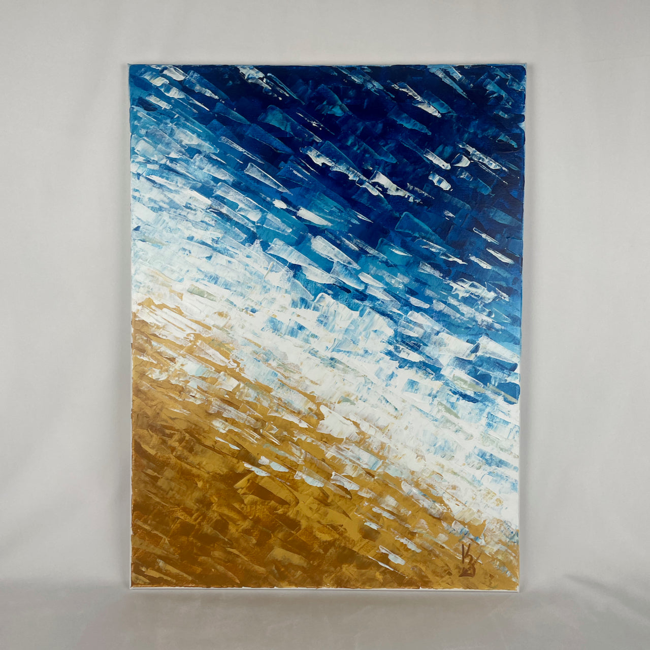 Where waves meet sand. Deep blue... Optimistic large original acrylic abstract ocean beach painting on canvas