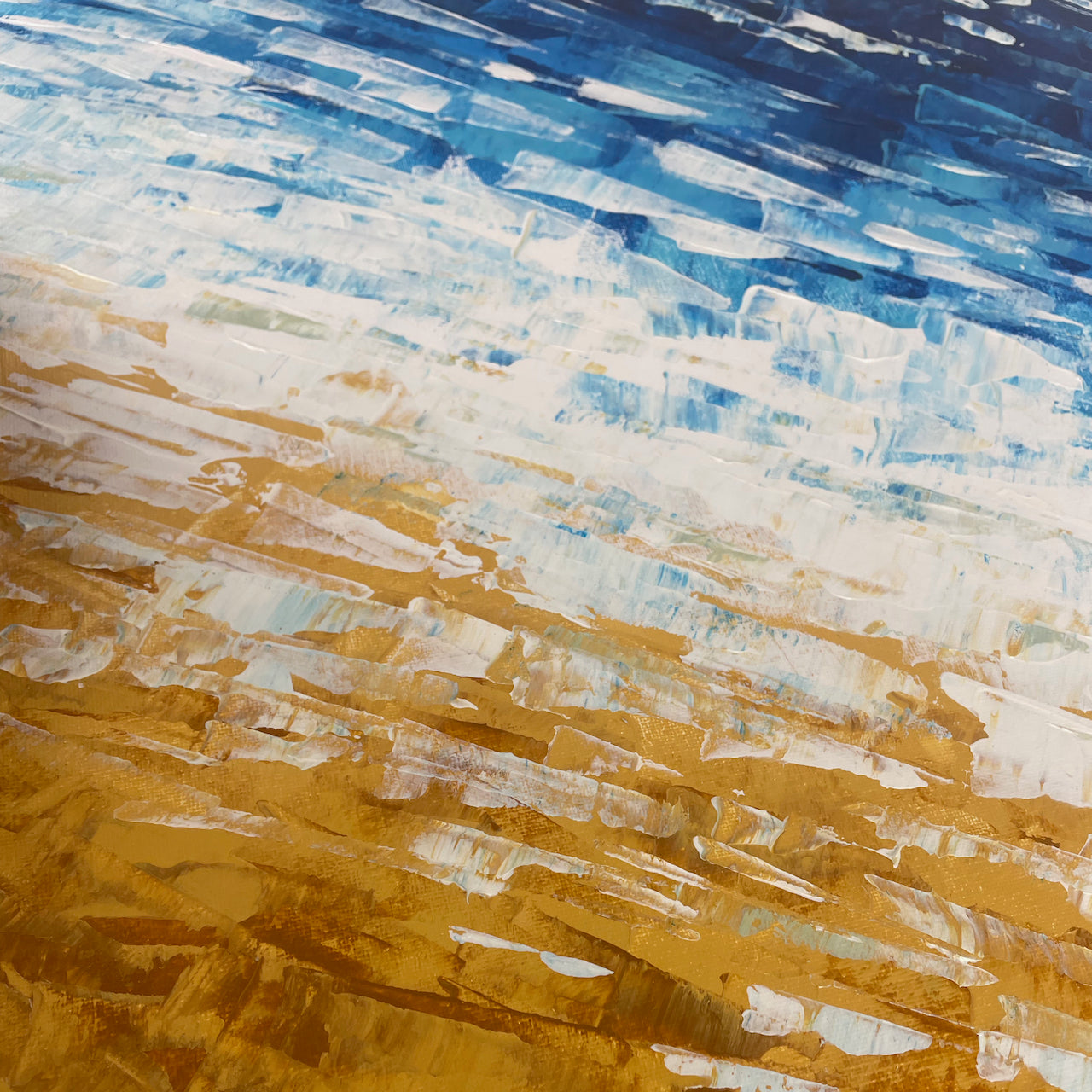 Where waves meet sand. Deep blue... Optimistic large original acrylic abstract ocean beach painting on canvas