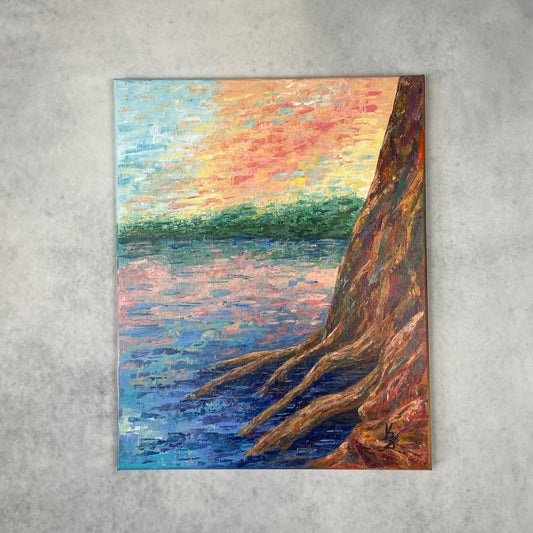 Dream time. Lake... Optimistic large original acrylic lake tree rainbow landscape painting on canvas