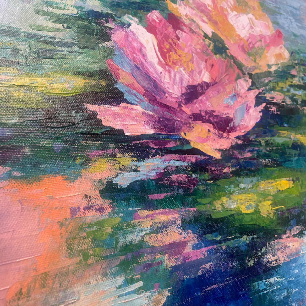 Lily pond. Azure... Optimistic original large acrylic abstract flowers painting on canvas