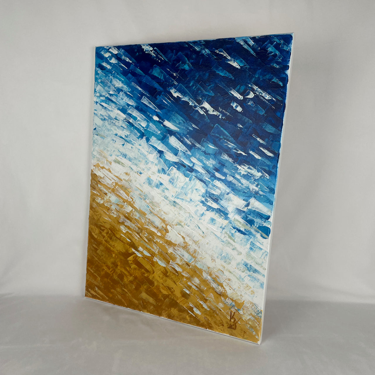 Where waves meet sand. Deep blue... Optimistic large original acrylic abstract ocean beach painting on canvas