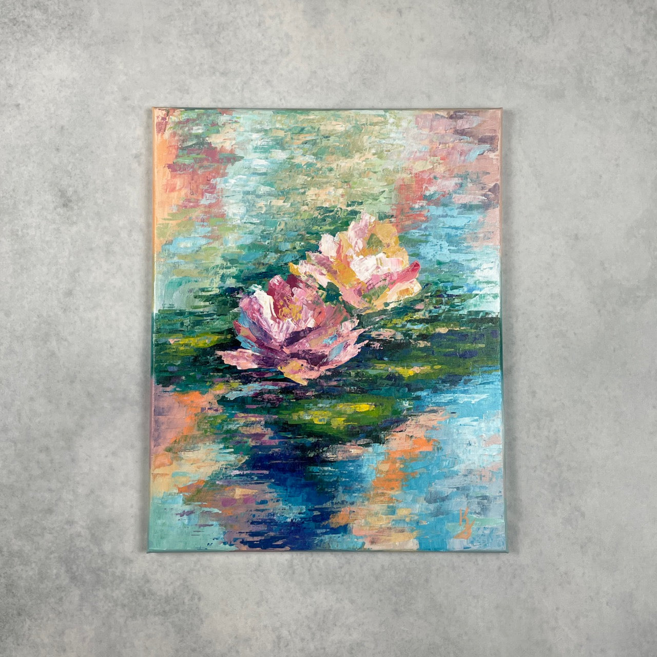 Lily pond. Azure... Optimistic original large acrylic abstract flowers painting on canvas