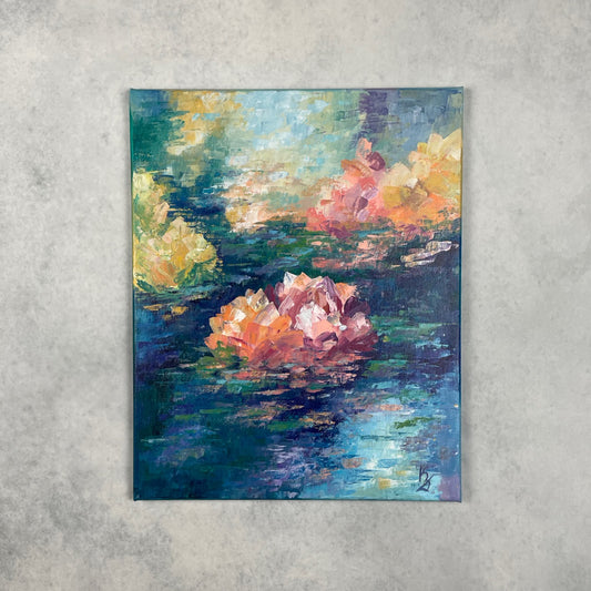 Lily pond. Indigo... Optimistic original large acrylic abstract flowers painting on canvas