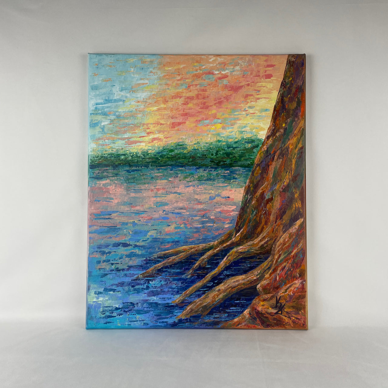 Dream time. Lake... Optimistic large original acrylic lake tree rainbow landscape painting on canvas