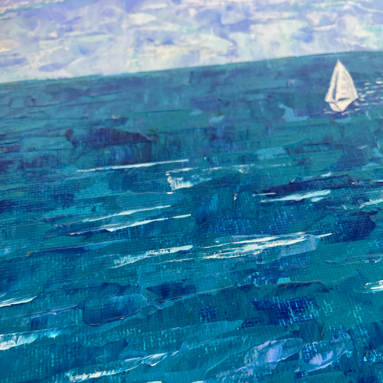 Deep water. Sailboat... Optimistic original acrylic abstract seascape ocean sailboat painting on canvas