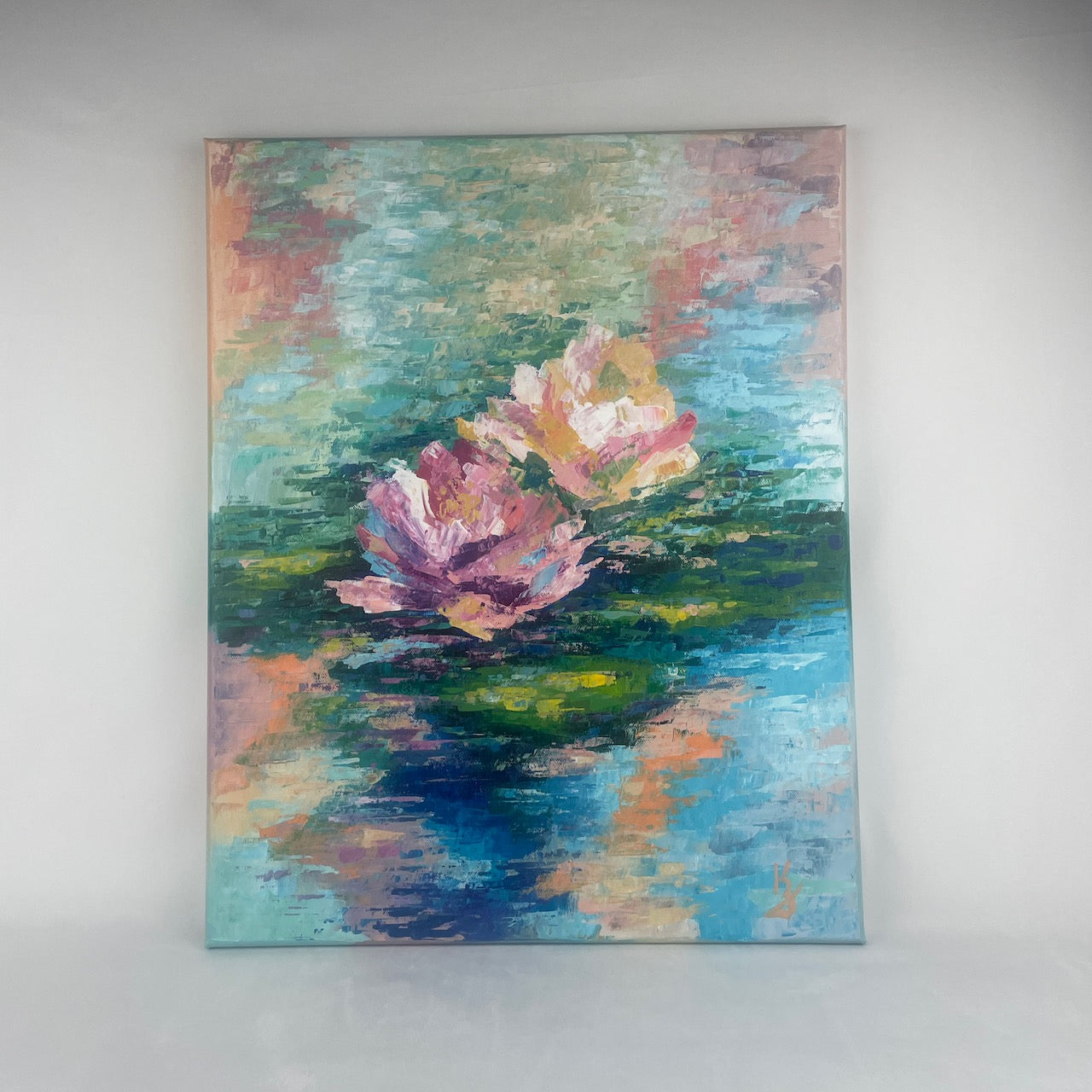 Lily pond. Azure... Optimistic original large acrylic abstract flowers painting on canvas