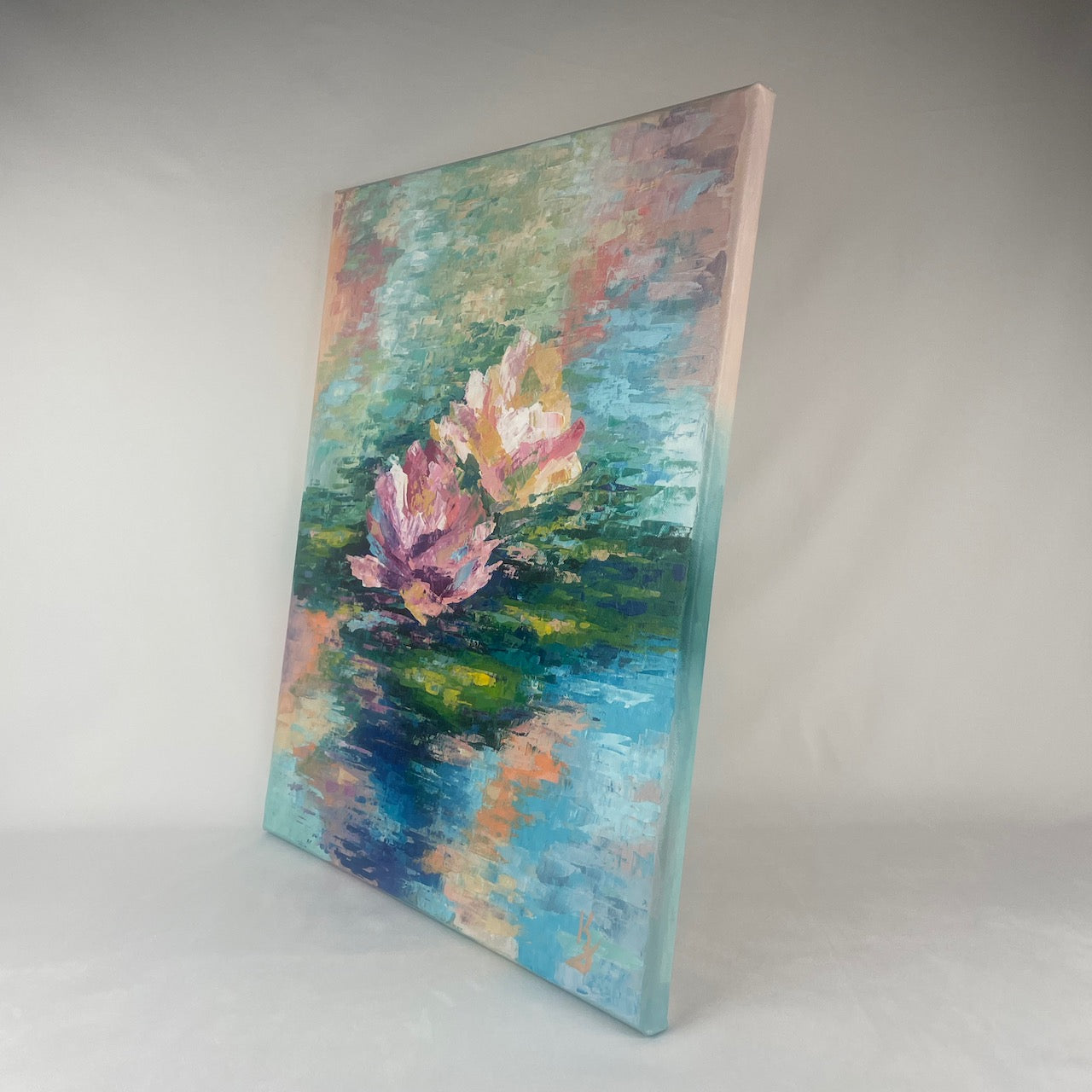 Lily pond. Azure... Optimistic original large acrylic abstract flowers painting on canvas