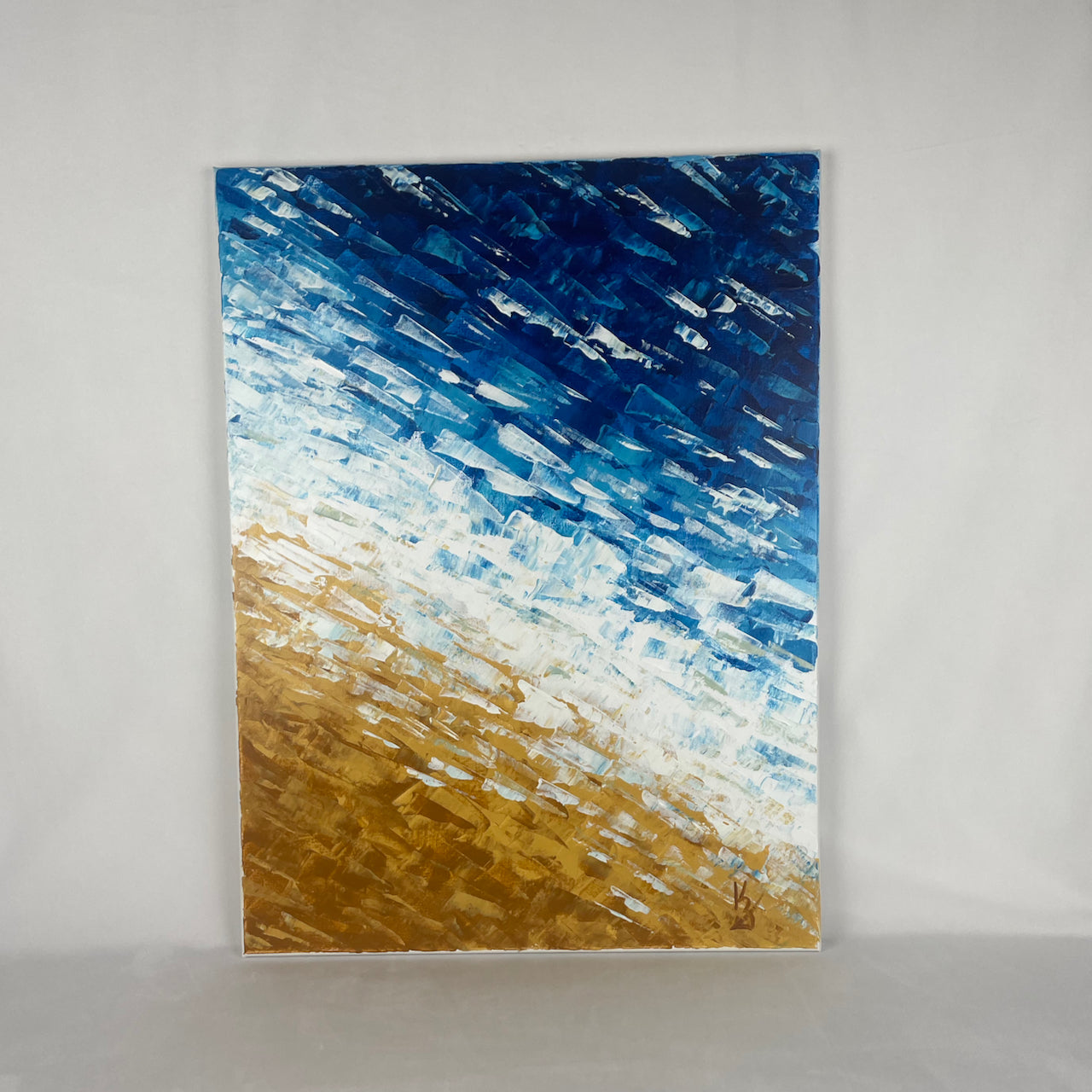 Where waves meet sand. Deep blue... Optimistic large original acrylic abstract ocean beach painting on canvas