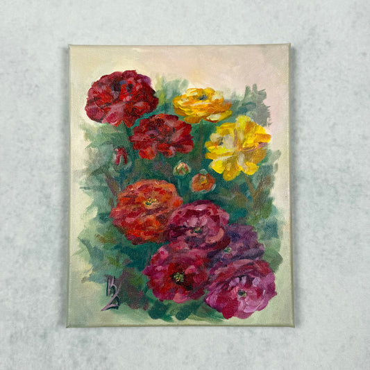 Summers with Grandma. Crimson Ranunculus. Wall art, optimistic original flowers painting on canvas