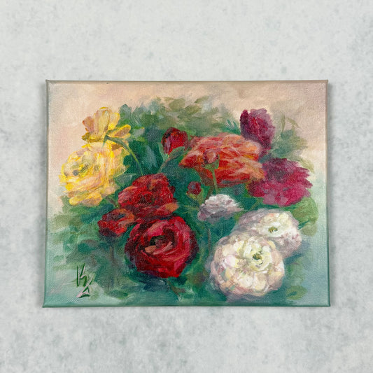 Summers with Grandma. Pink Ranunculus. Art, decor, optimistic original signed flowers painting on canvas, red, yellow, pink