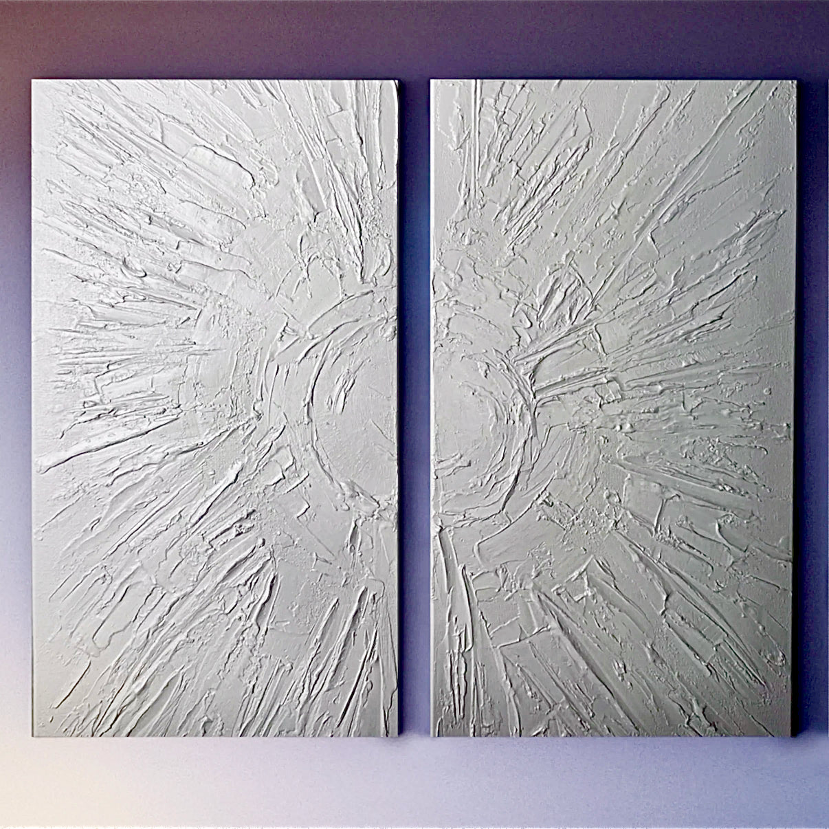 Solar mandala. Radiance. Wall art, set of 2 paintings, diptych, large optimistic original signed textured white art on canvas, neutral, 3D, zen, yoga,