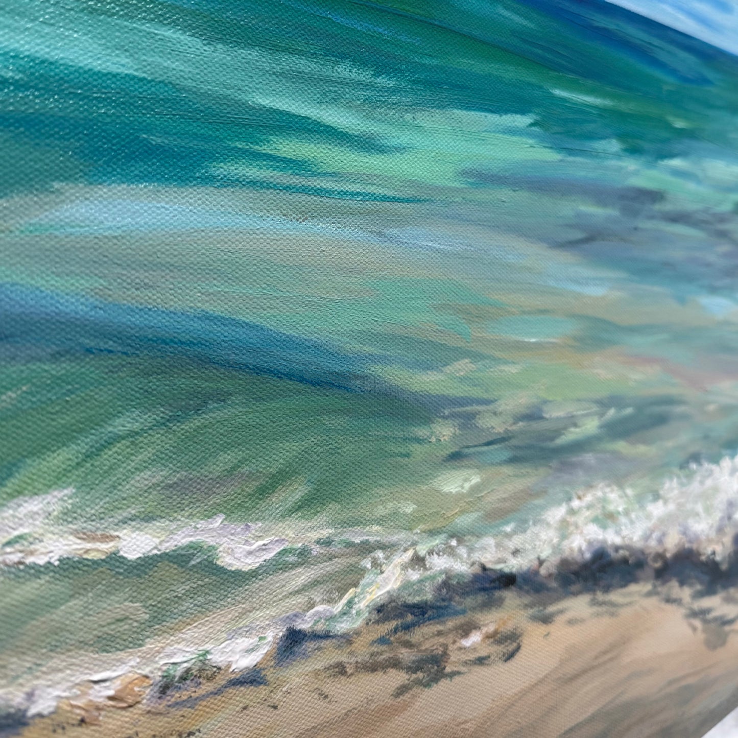 Silky sand. Wall art, decor, original optimistic signed seascape painting on canvas, ocean, shore, beach, blue