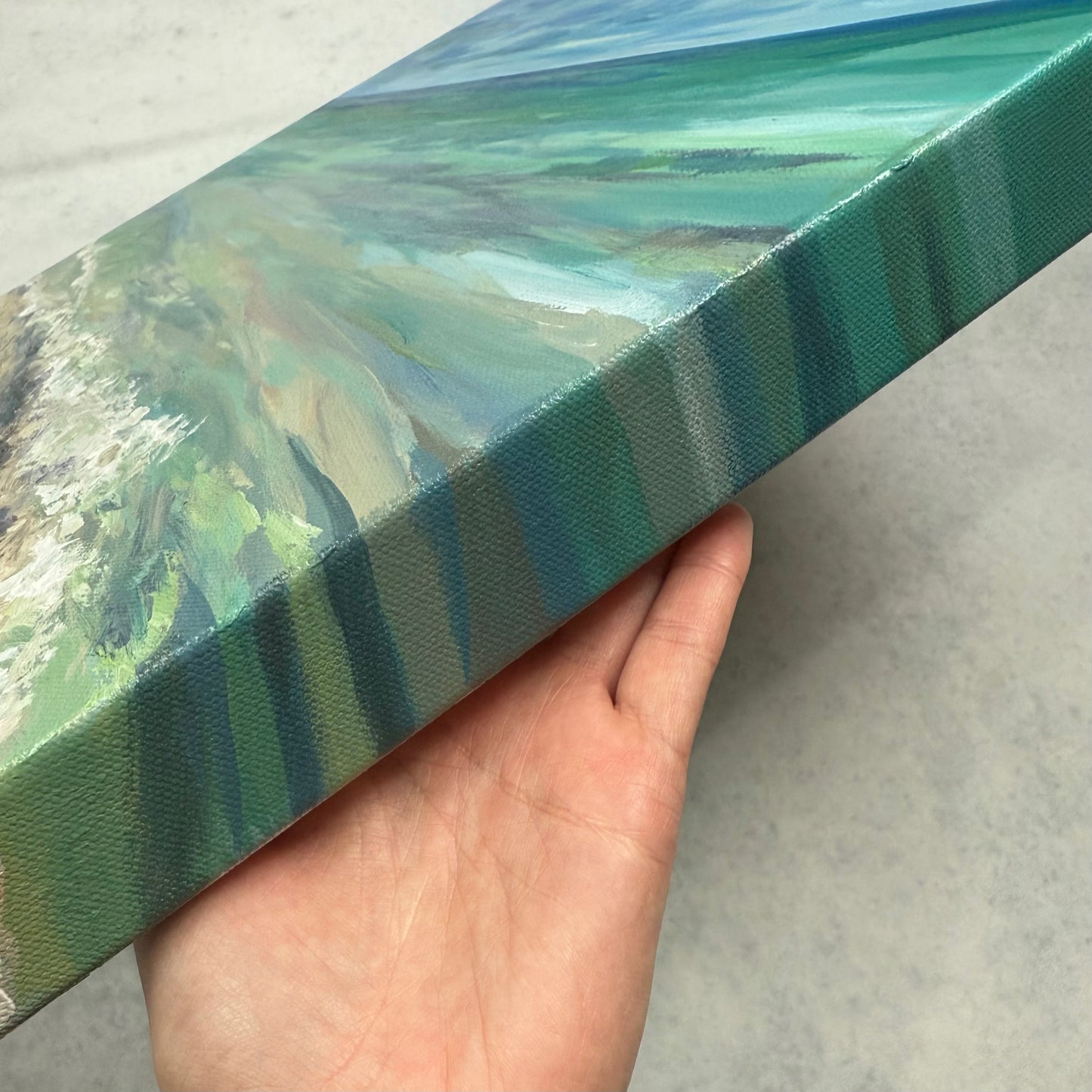Silky sand. Wall art, decor, original optimistic signed seascape painting on canvas, ocean, shore, beach, blue