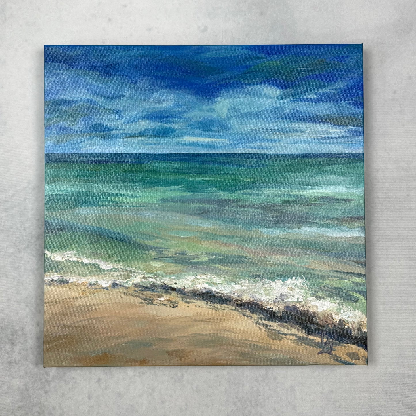Silky sand. Wall art, decor, original optimistic signed seascape painting on canvas, ocean, shore, beach, blue
