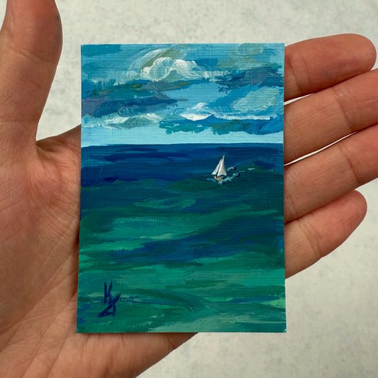 Deep water. Sailboat. Original miniature signed painting, ACEO acrylic, blue, green , collectible