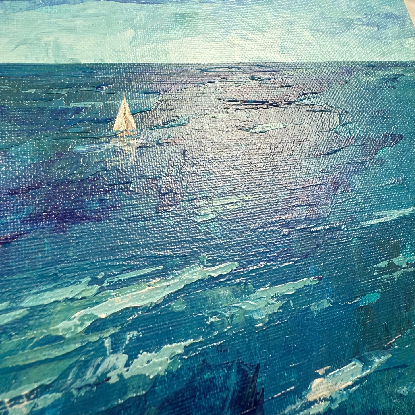 Teal water. Sailboat... Optimistic original abstract  seascape ocean sailboat painting on canvas
