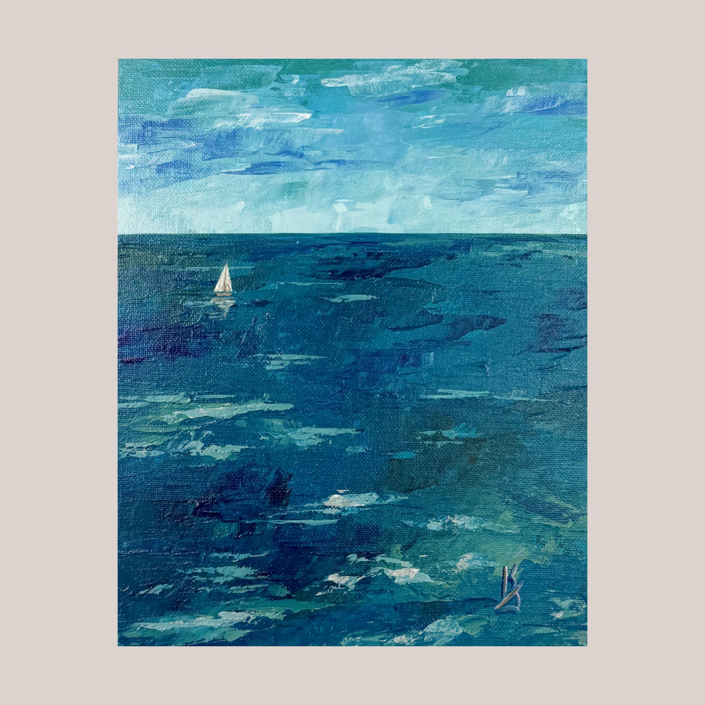 Teal water. Sailboat